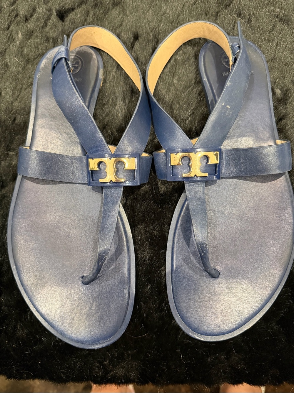Tory Burch Navy Leather T-Strap Sandals with Gold Logo